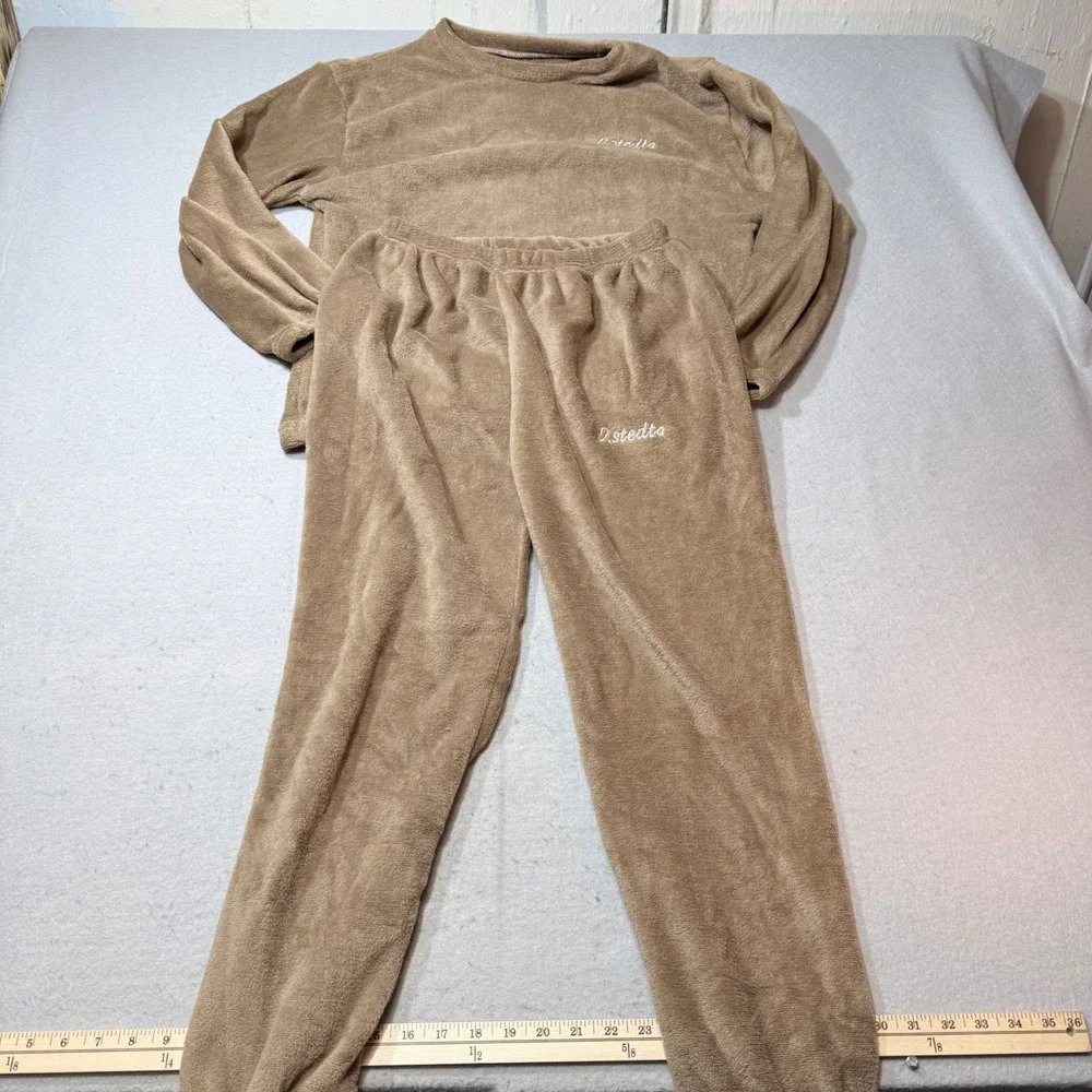 D.stedta Plush Pajama Set‎ Lounge Wear Tan Long Sleeve Top Pants Size 12